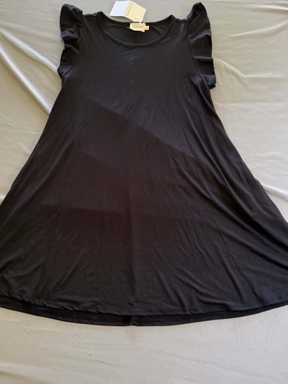 Nineixs Women's A-line Tee Shirt Dress W/Pockets Ruffle Sleeves Black Large New